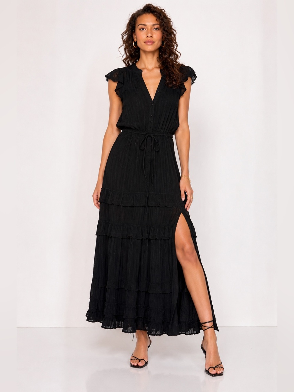 PAIGE Illyria Black Tiered Ruffle Maxi Dress Large